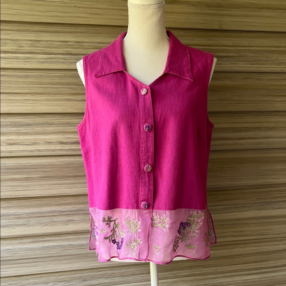 Fuchsia Sleeveless Blouse with Floral Embroidery on the Sheer Bottom - L